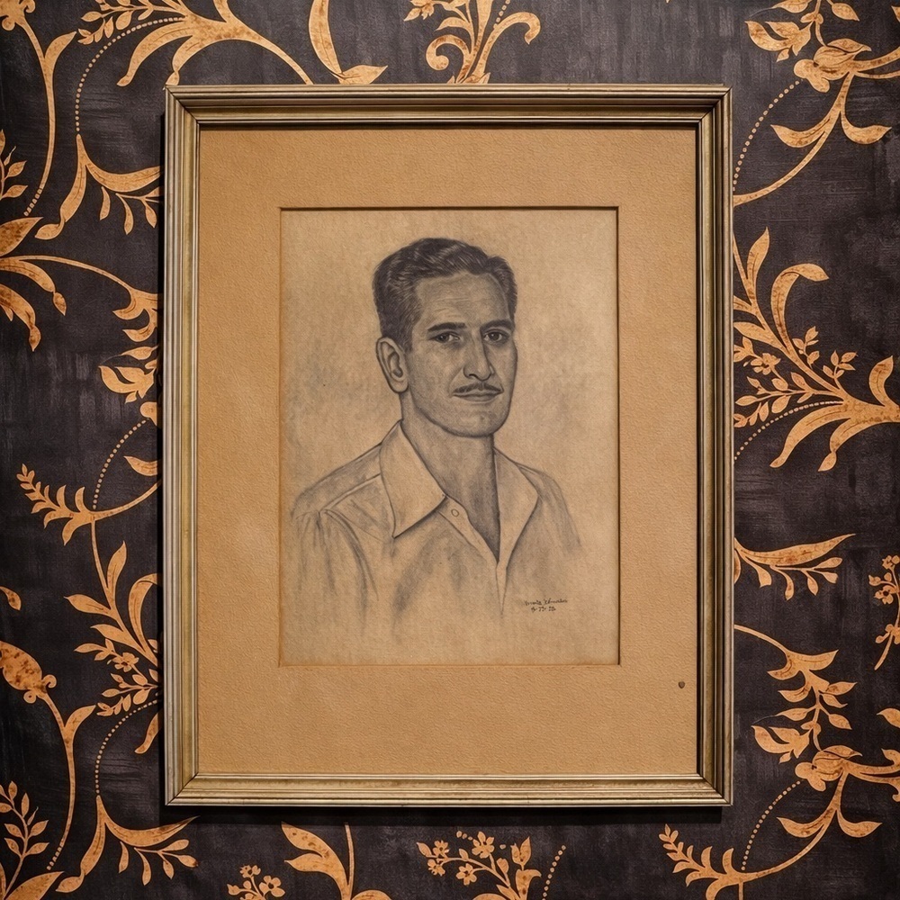 Henrik Holmboe Pencil Sketch of a Man Signed & Dated 1953 in Frame with Glass